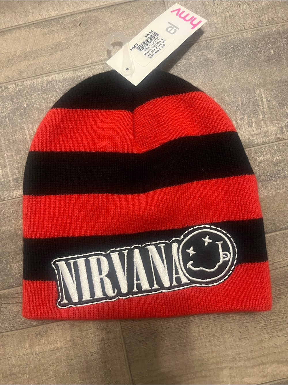 NIRVANA Red and Black Striped Kids Beanie with Logo Patch